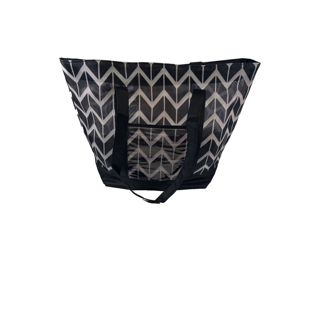 Large Chevron Tote Bag Black Gray Polyester Clear Pocket 15"L x 15" H x8"